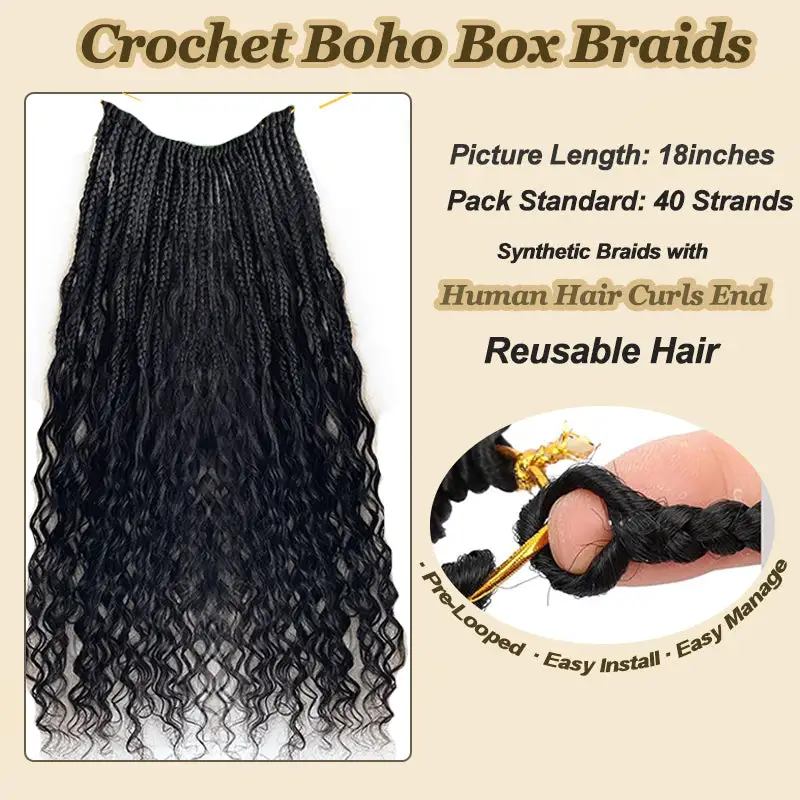Pre-looped Crochet Human Hair Boho Box Braids Human Hair Curls Ends, Reusable Hair