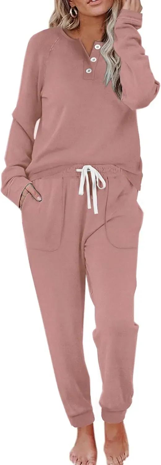 Two Piece Outfits for Women Lounge Sets Button Down Sweatshirt Sweatpants Sweatsuits Set with Pockets