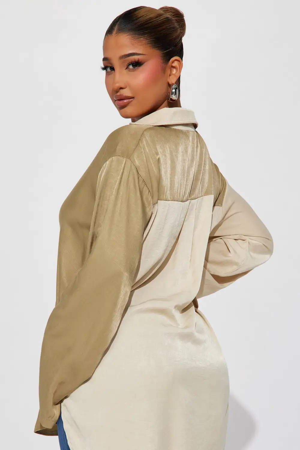 Piece By Piece Color Block Satin Shirt - Olive/combo