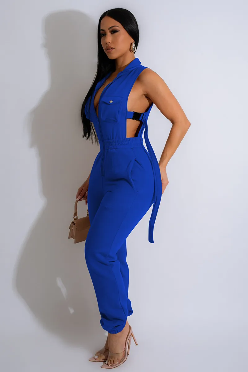 Sleeveless Side Buckle High Waist Solid Color Pocket Jumpsuit-Red