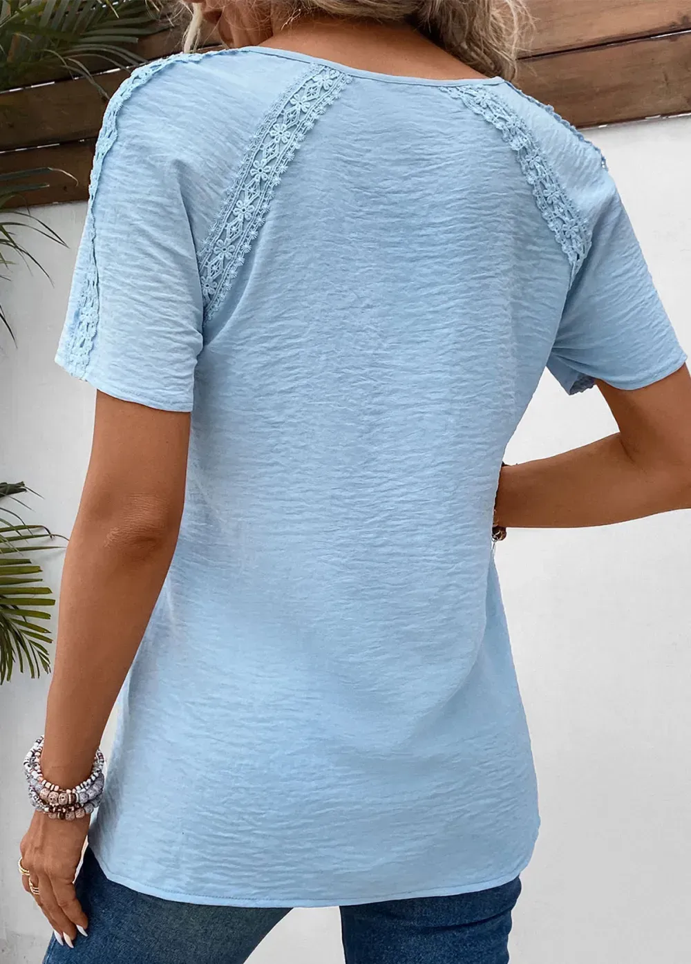 Light Blue Patchwork Short Sleeve Split Neck Blouse