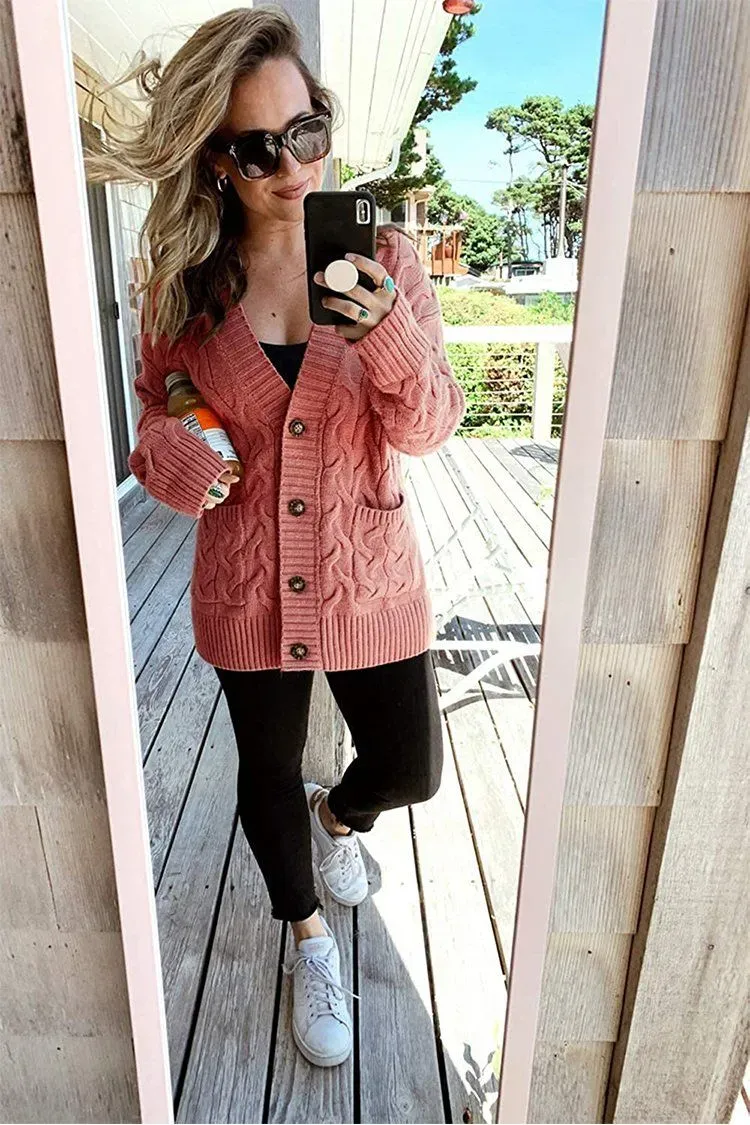 Knitted Solid Color Button Down Chunky Outwear Cardigan