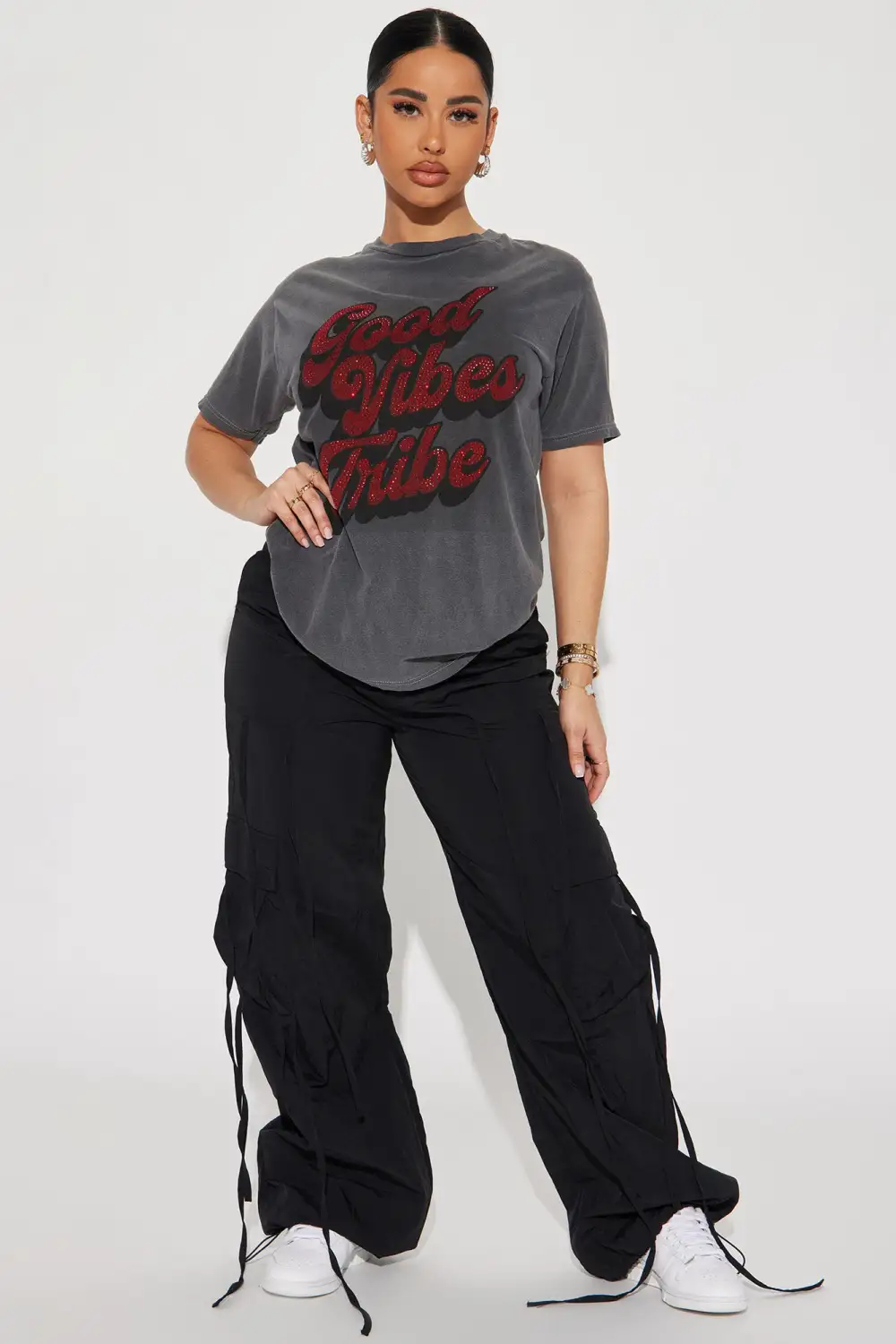 Good Vibes Tribe Rhinestone Tshirt - Charcoal
