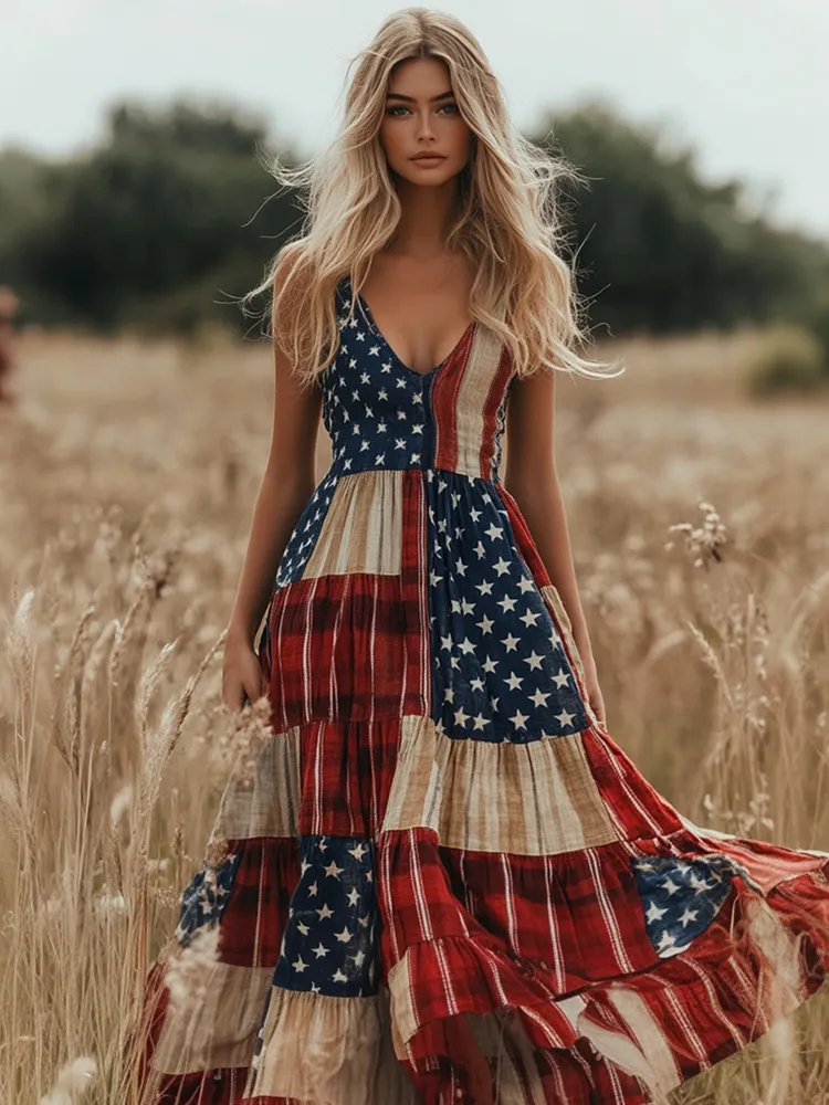 Vintage Independence Day Patchwork America Flag Print Linen Tank Maxi Dress