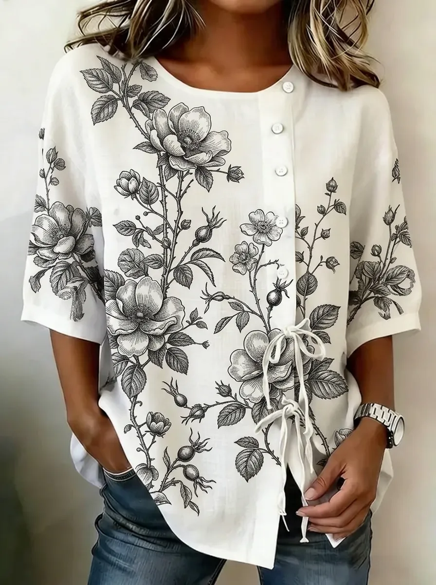 Women's Nashville Floral Botanical Sketch Printed Button-Up Shirt