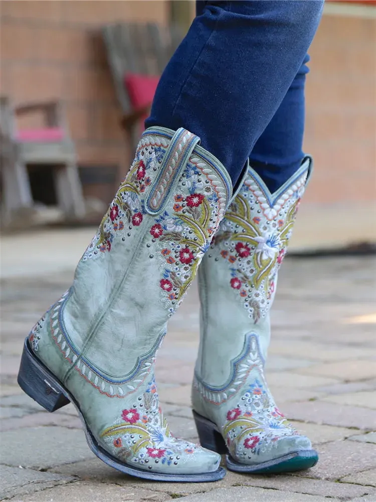 Vintage Floral Embroidered Cowgirl Boots