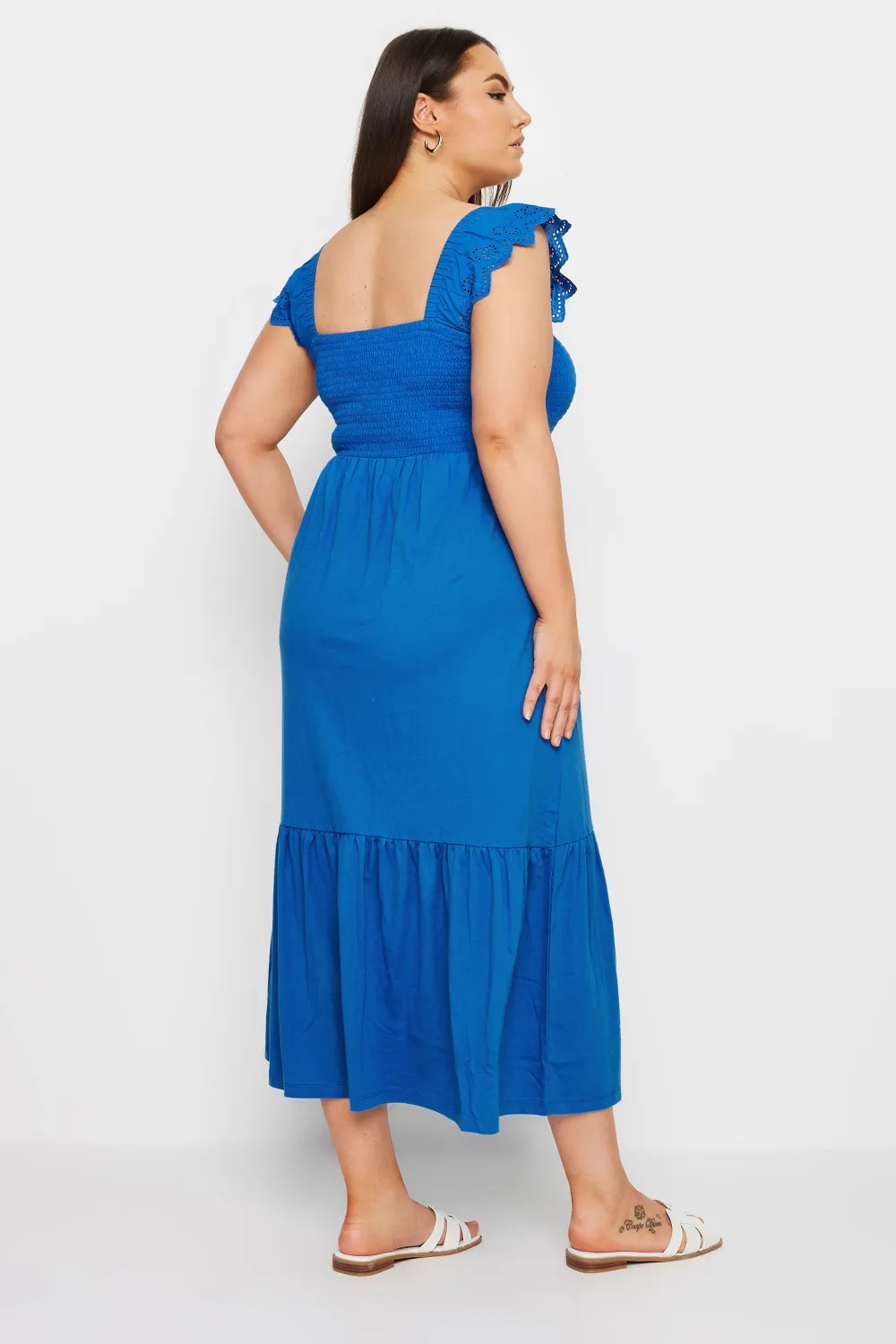 YOURS Curve Blue Frill Sleeve Shirred Midaxi Dress