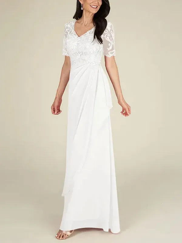 Floor-to-ceiling chiffon lace back zip bridal mom dress