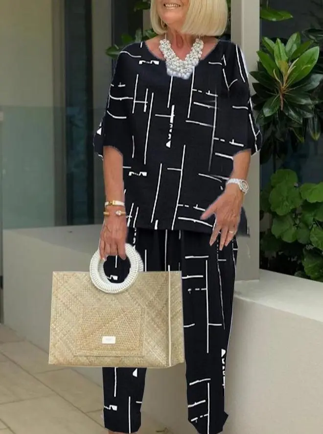 Printing Casual Two-piece 3/4 Length Pants Suits