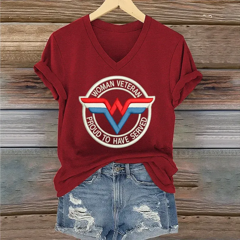 Women's Veteran Print Casual V-Neck Short Sleeve T-Shirt