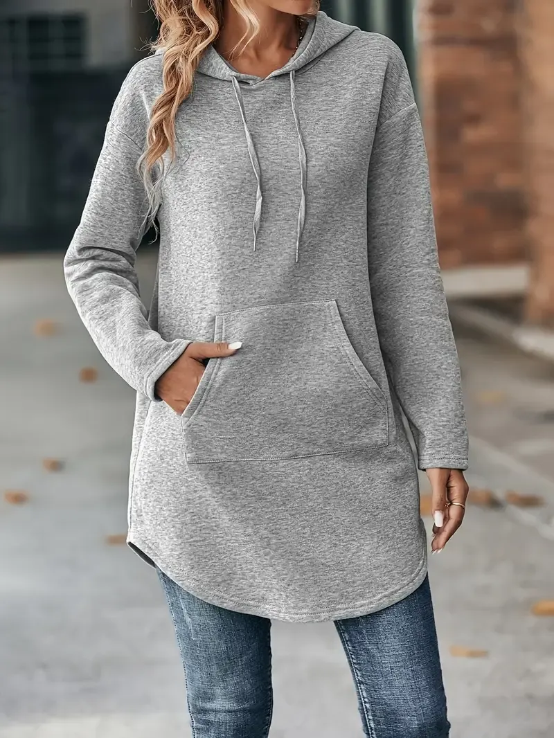 Solid Color Drawstring Hoodie Sheath Dress, Casual Long Sleeve Kangaroo Pocket Dress For Fall & Winter, Women's Clothing
