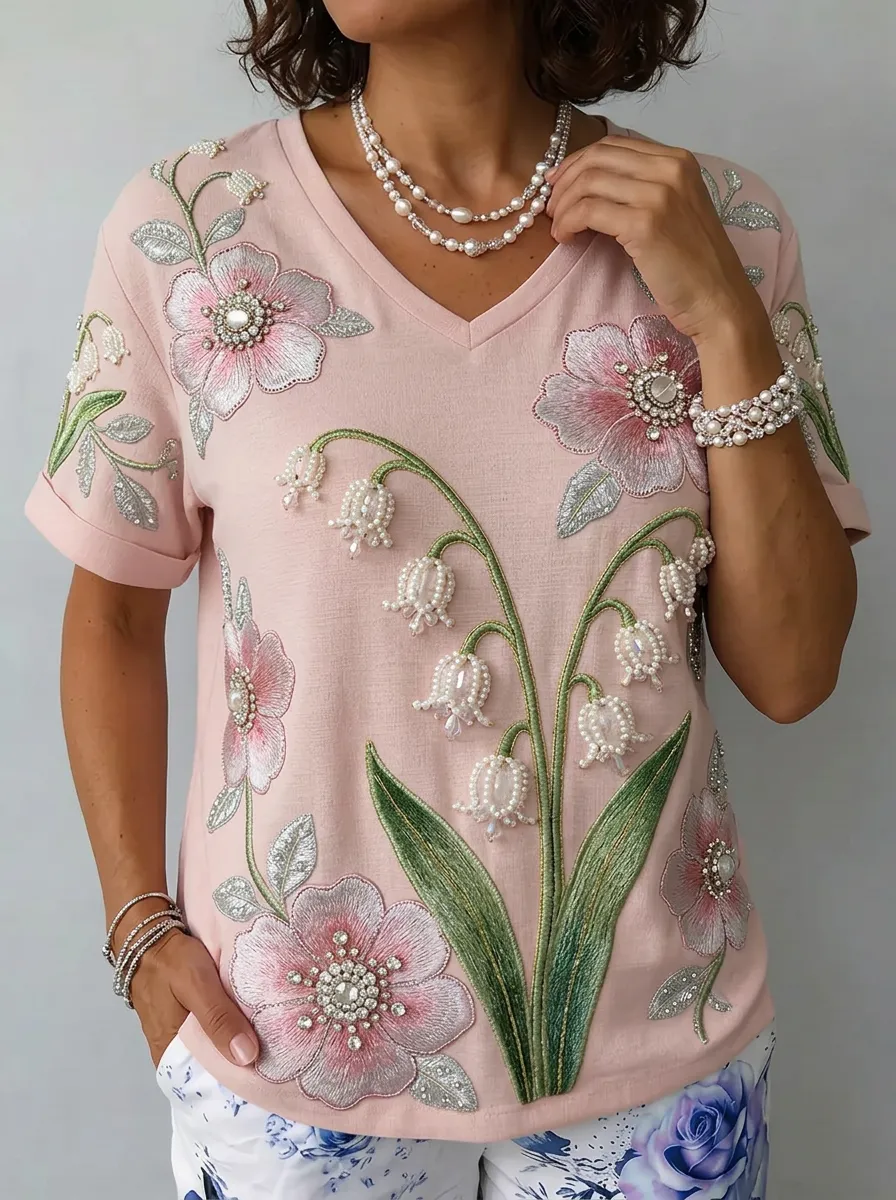 Women's Nashville Floral Lily of the Valley Beaded Printed T-shirt