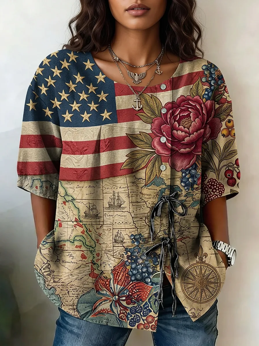 Women's Nashville Map Floral American Flag Printed Top