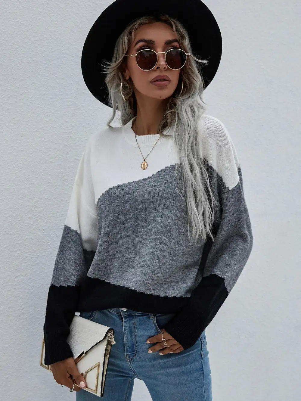 Color Block Dropped Shoulder Pullover Sweater