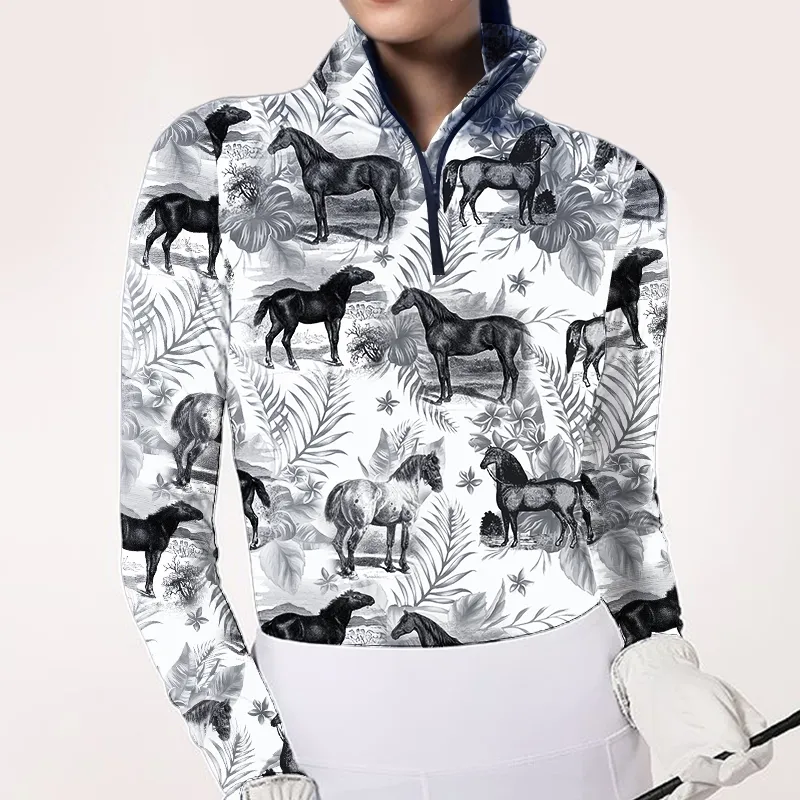 Women's Riding Style Horses Print Long Sleeve Casual Shirt