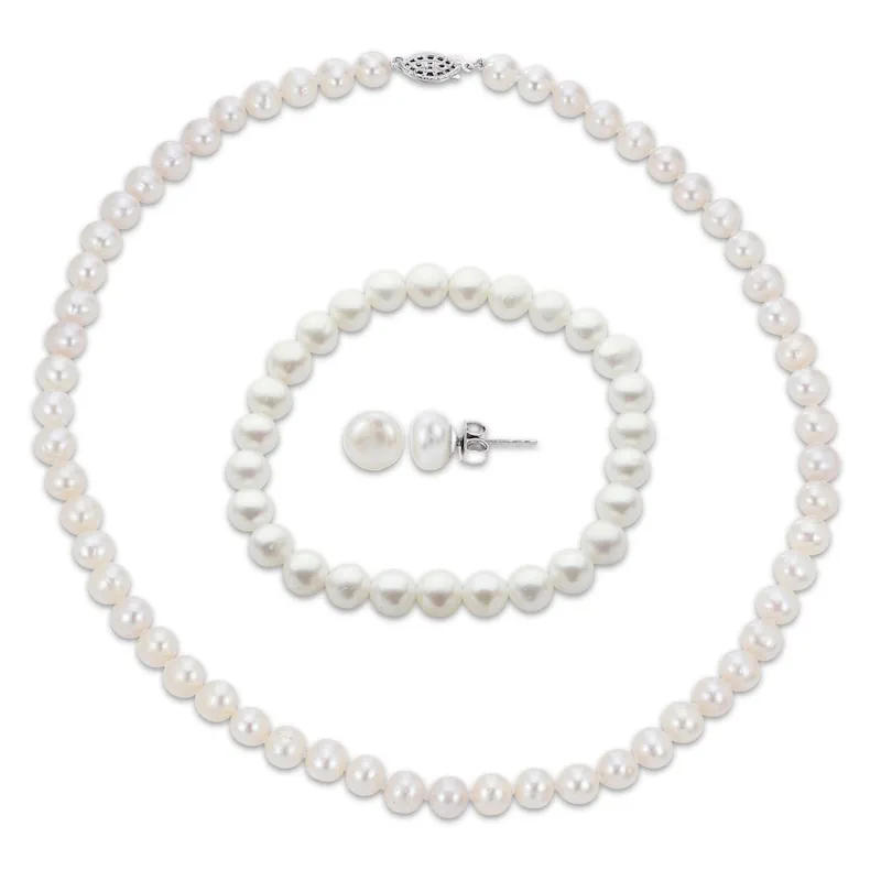 Cultured Pearl Set Necklace, Bracelet & Earrings Sterling Silver