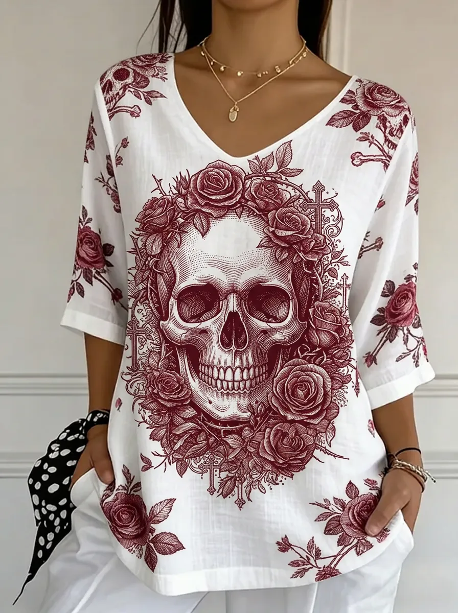 Women's Nashville Gothic Skull Rose Printed V-neck top