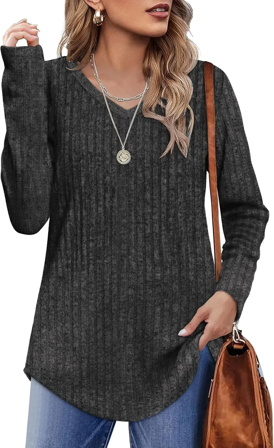 OFEEFAN Long Sleeve Shirts for Women Lightweight Crew Neck Casual Tunic Tops