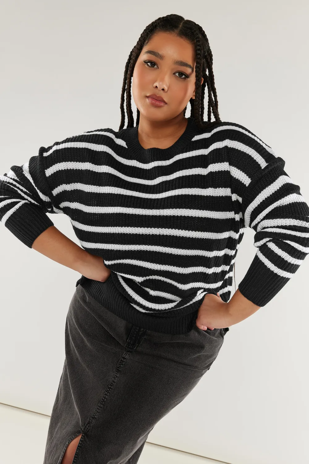 YOURS Curve Black Stripe Drop Shoulder Knitted Jumper