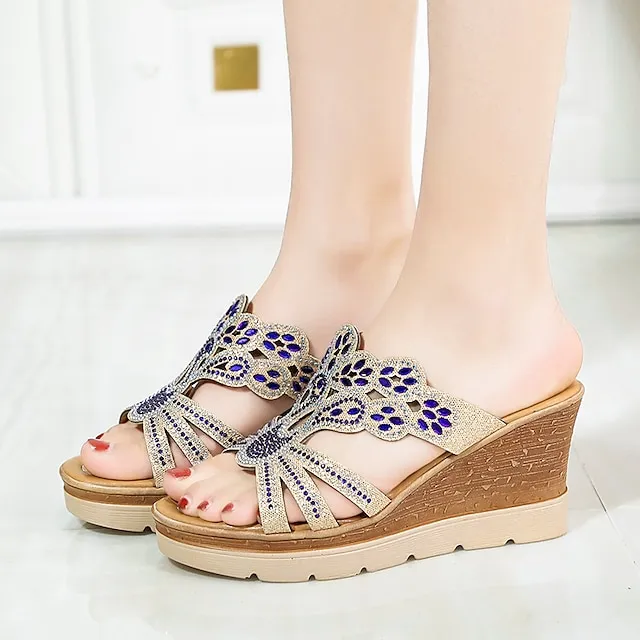 Women's Slippers Plus Size Daily Summer Rhinestone Wedge Heel Open Toe Casual Faux Leather Loafer Blue Gold