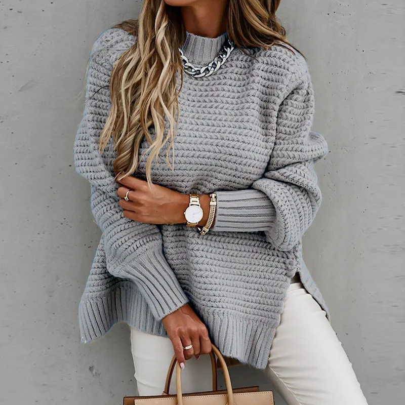 Simple Long Sleeved Thick Needle Tied Hand Side Slit Knit Sweater