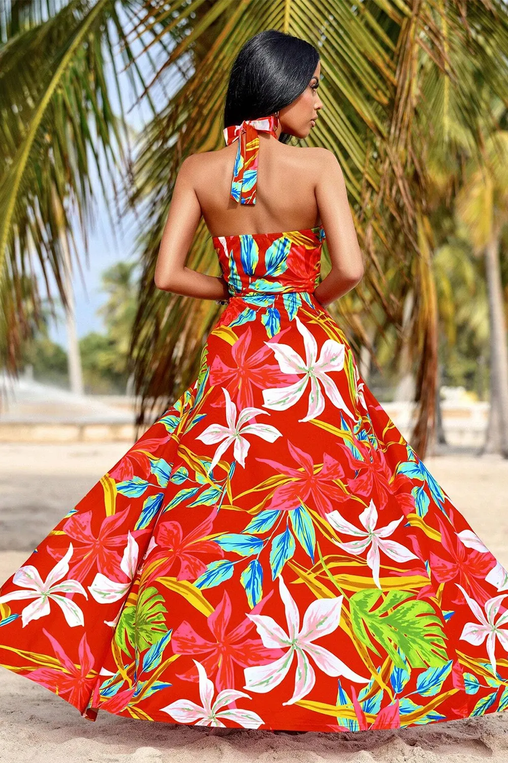 High Slit Halter Neck Backless Maxi Dress For Vacation