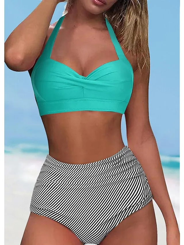 Women's Swimwear Bikini Normal Swimsuit Halter 2 Piece High Waisted Plain Black Green Rose Red Bathing Suits Sports Beach Wear Push Up