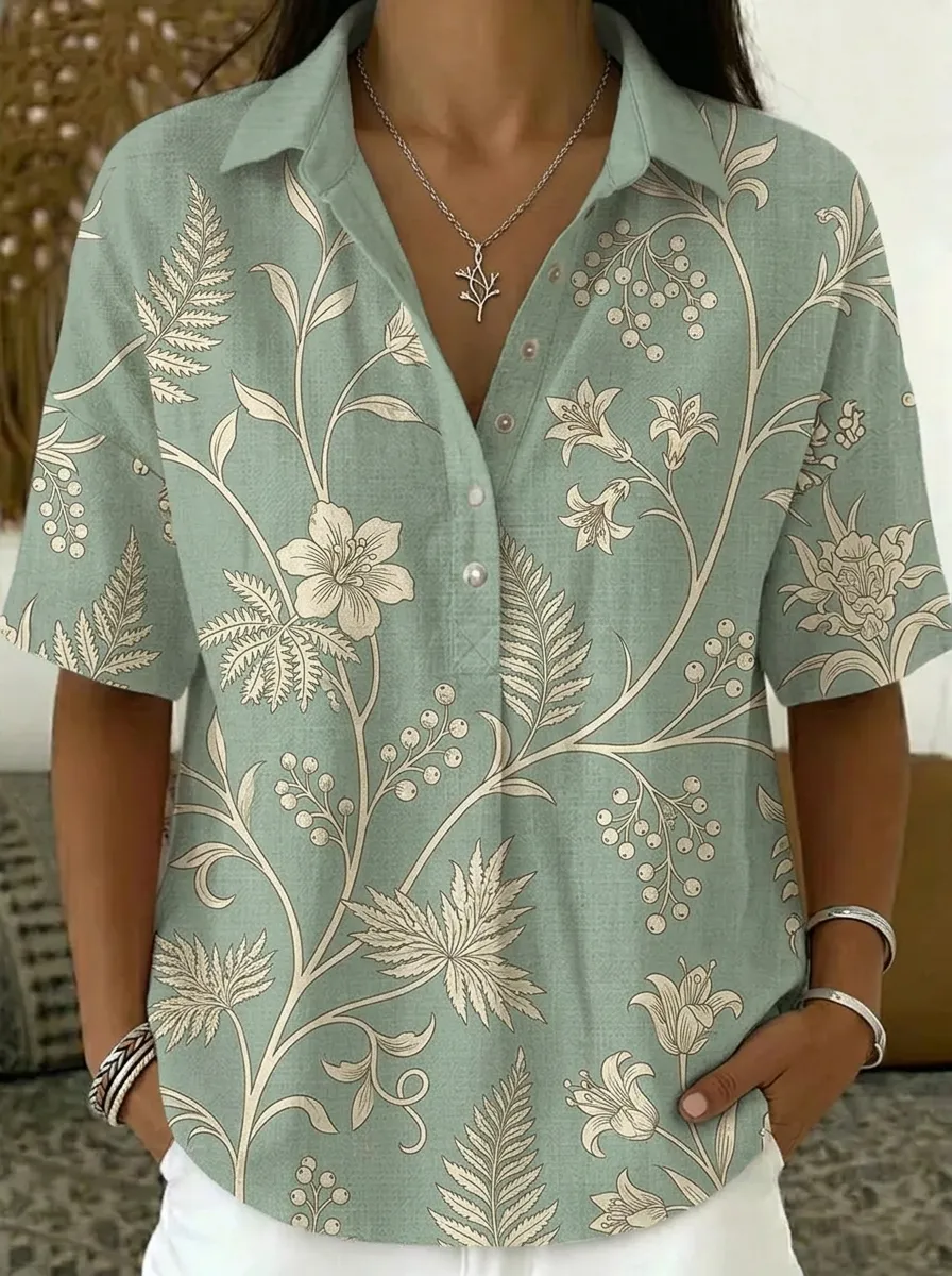Women's Nashville Floral Botanical Printed Henley Shirt