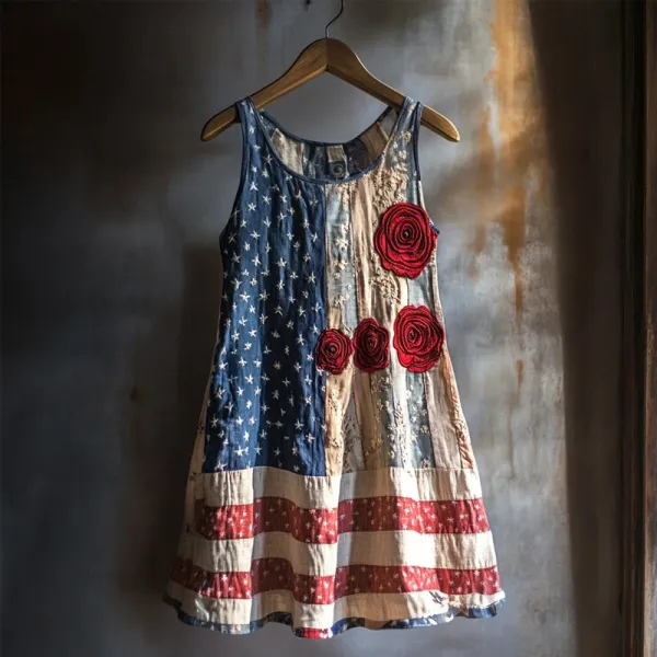 Vintage Flag Inspired Rose Embroidered Linen Tank Top