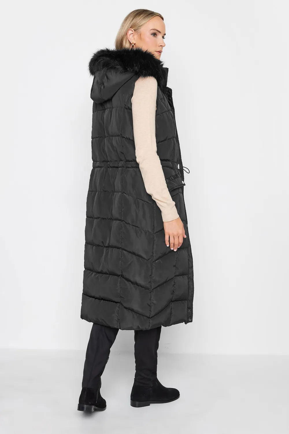 LTS Tall Black Faux Fur Trim Hooded Midi Gilet