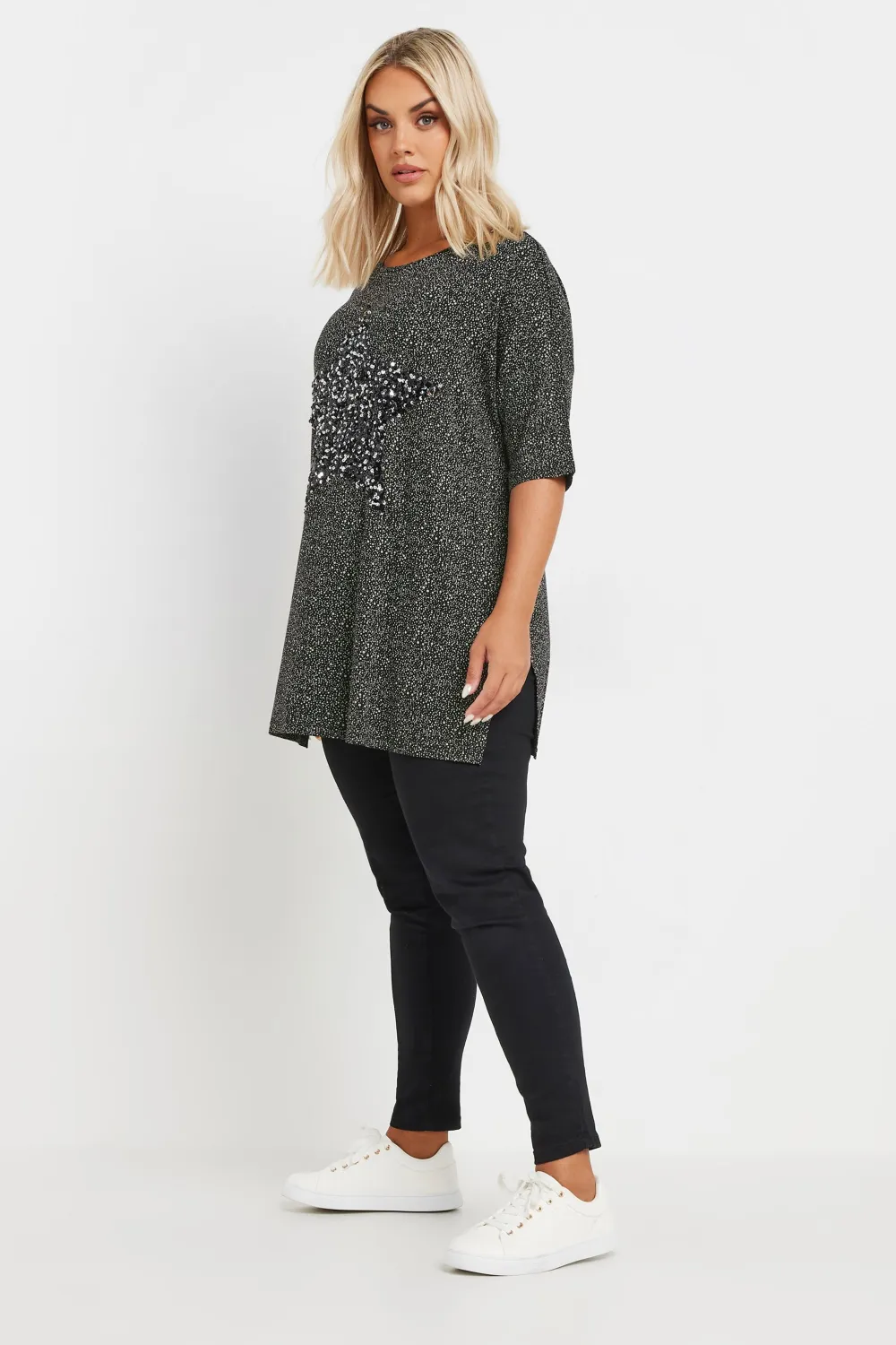 YOURS Curve Black Star Sequin Embellished T-Shirt