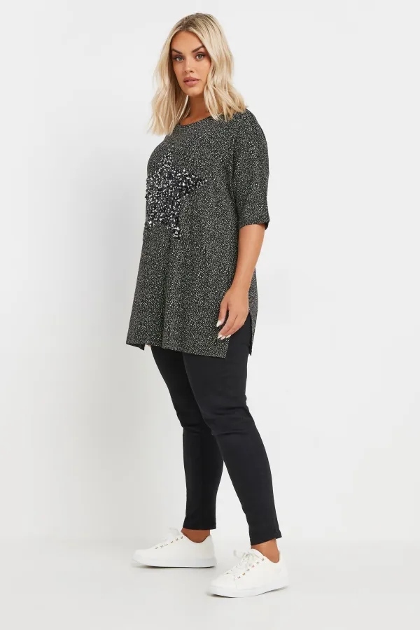 YOURS Curve Black Star Sequin Embellished T-Shirt