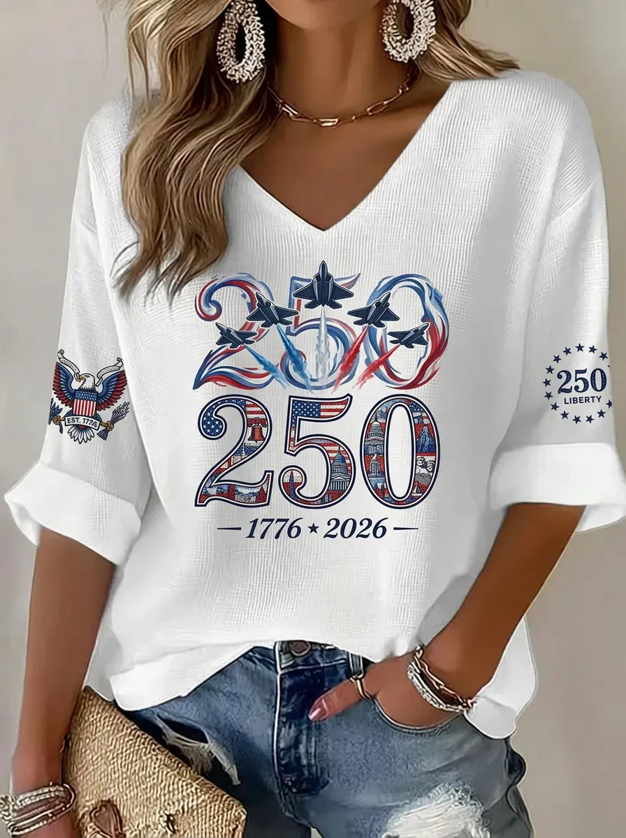 Women's USA 250th Anniversary Fighter Jet Eagle Printed V-neck Top