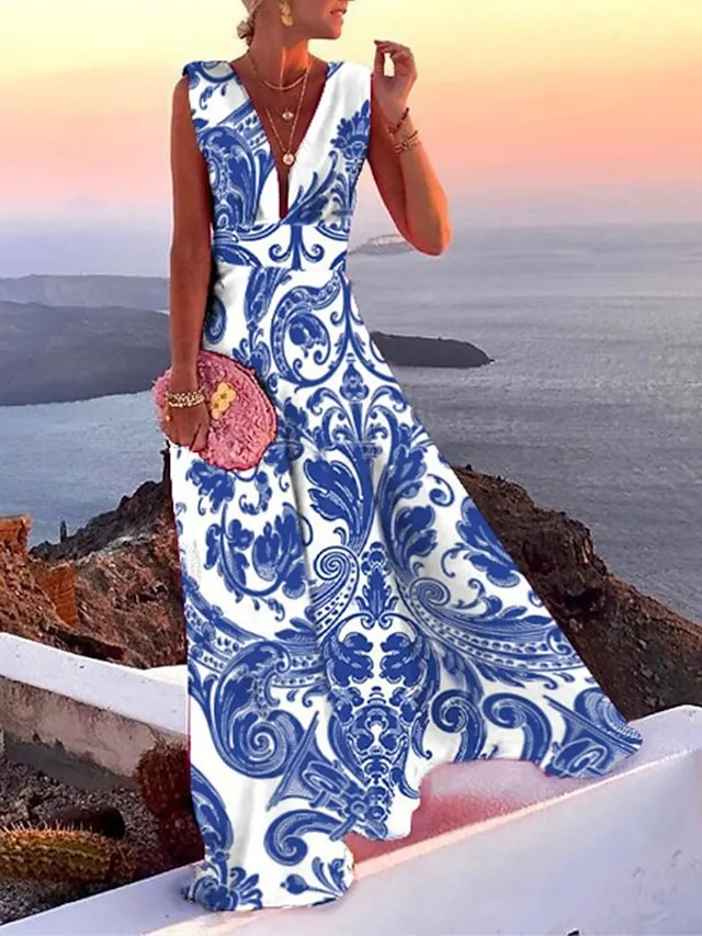 Women's Casual Dress Swing Dress Floral Dress Long Dress Maxi Dress Green Blue Pink Sleeveless Floral Print Spring Summer Deep V Hot Daily 2023 S M L XL XXL