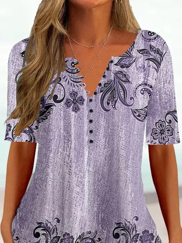 Women Half Sleeve V-neck Floral Printed Tops
