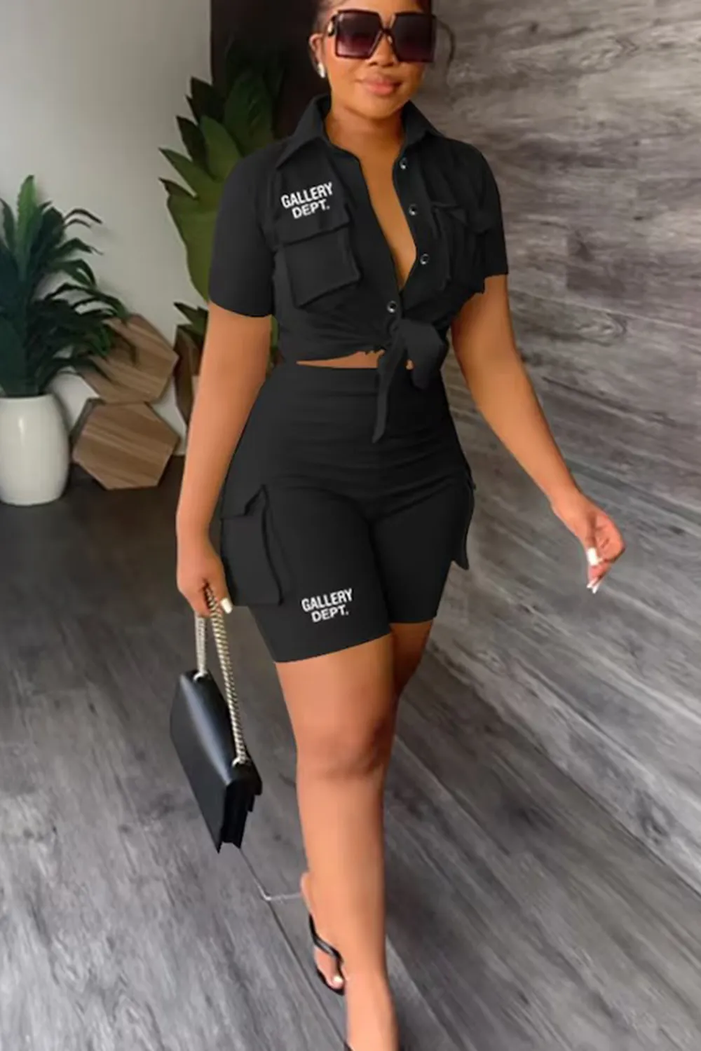 Letter Print Solid Color Blouse With Trendy Cargo Shorts Set
