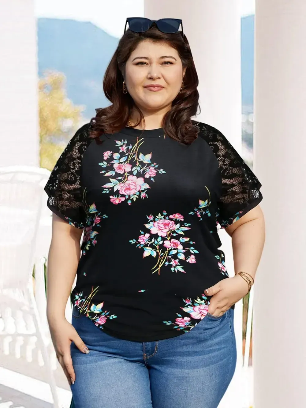 HDLTE Womens Plus Size Tops Floral Bell Sleeves Blouses Summer Crewneck Tunic Loose Casual T Shirts