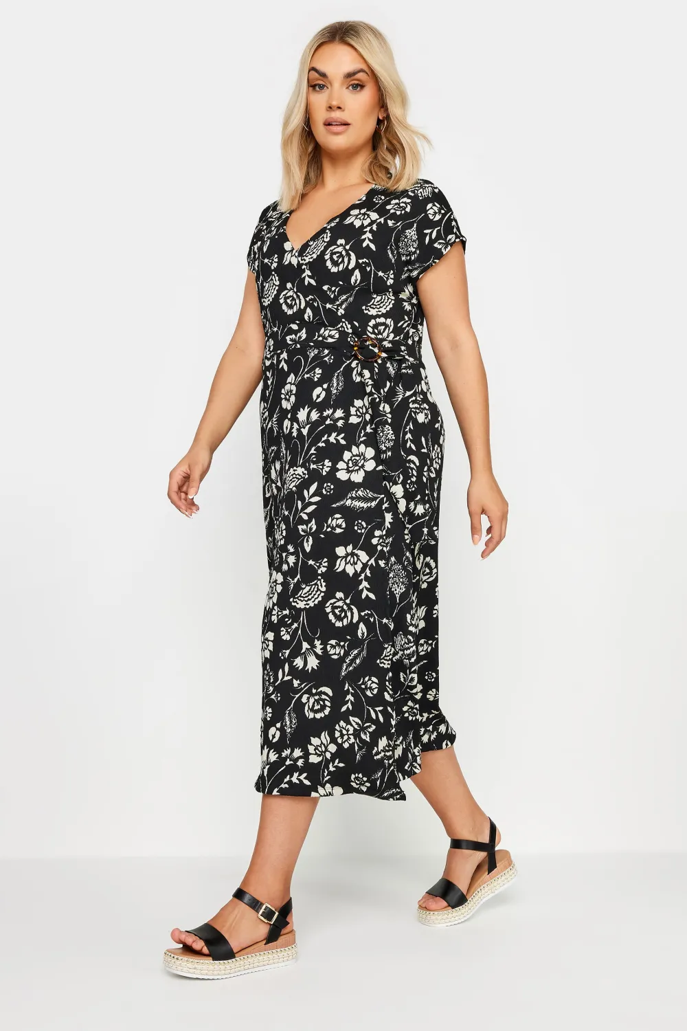 YOURS Curve Black Floral Print Textured Midi Dress