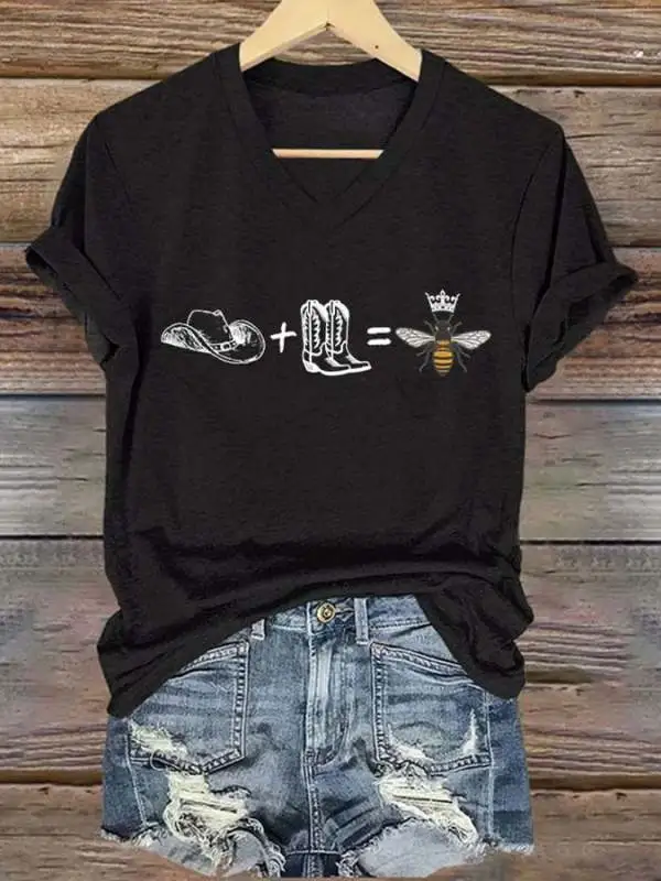 V-neck Retro Cowboy Hat Boots BeyHive Print T-Shirt
