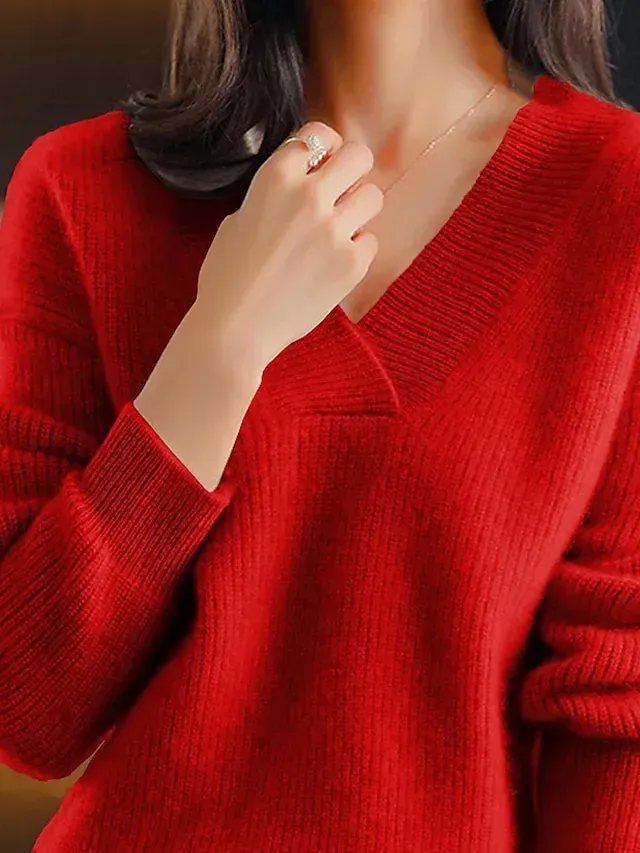 Women‘s Christmas Pullover Sweater Jumper Casual Sweater V Neck Ribbed Knit Polyester Knitted Fall Winter Regular Outdoor Xmas Holiday Going out Stylish Soft Long Sleeve Pure Color Red Green S M L