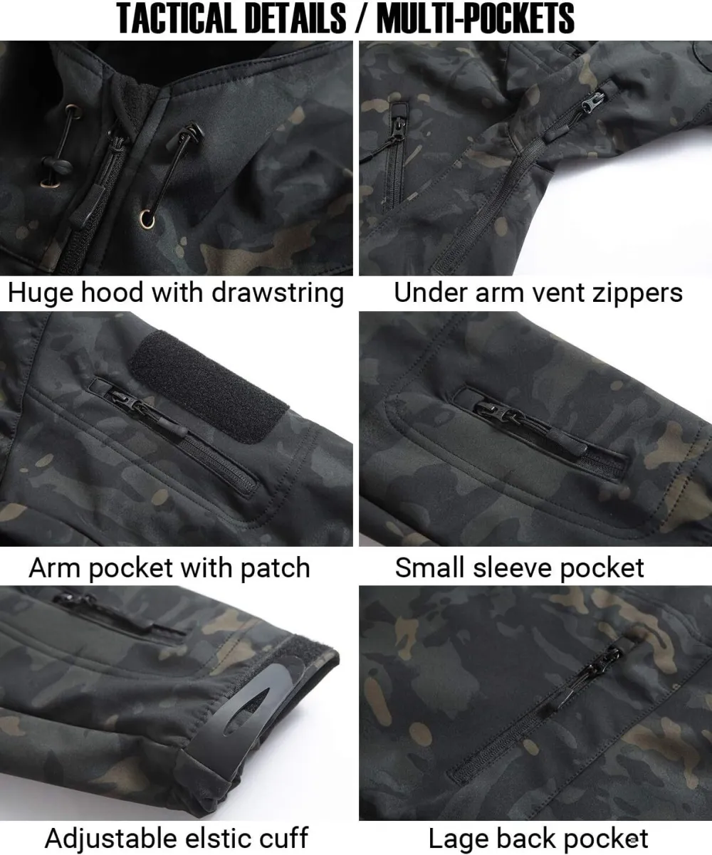 Men's Camo Quiet Hunting Jacket Waterproof Softshell Fleece Lined Camouflage Outdoor Hiking Fishing Coat