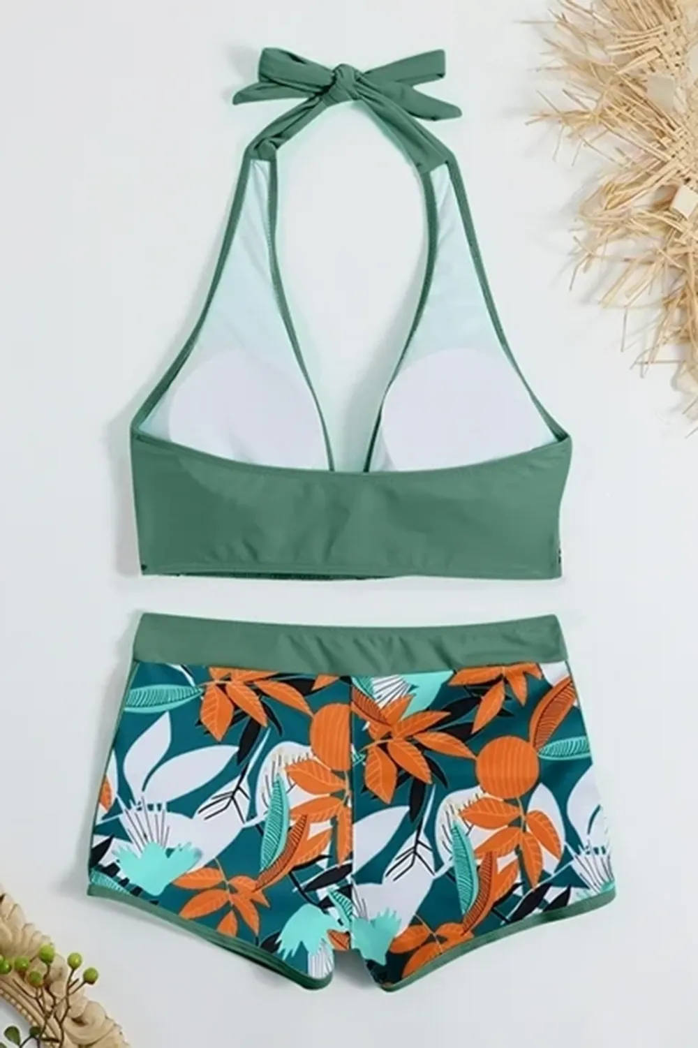 Sexy padded printed high-waisted patchwork swim trunks set