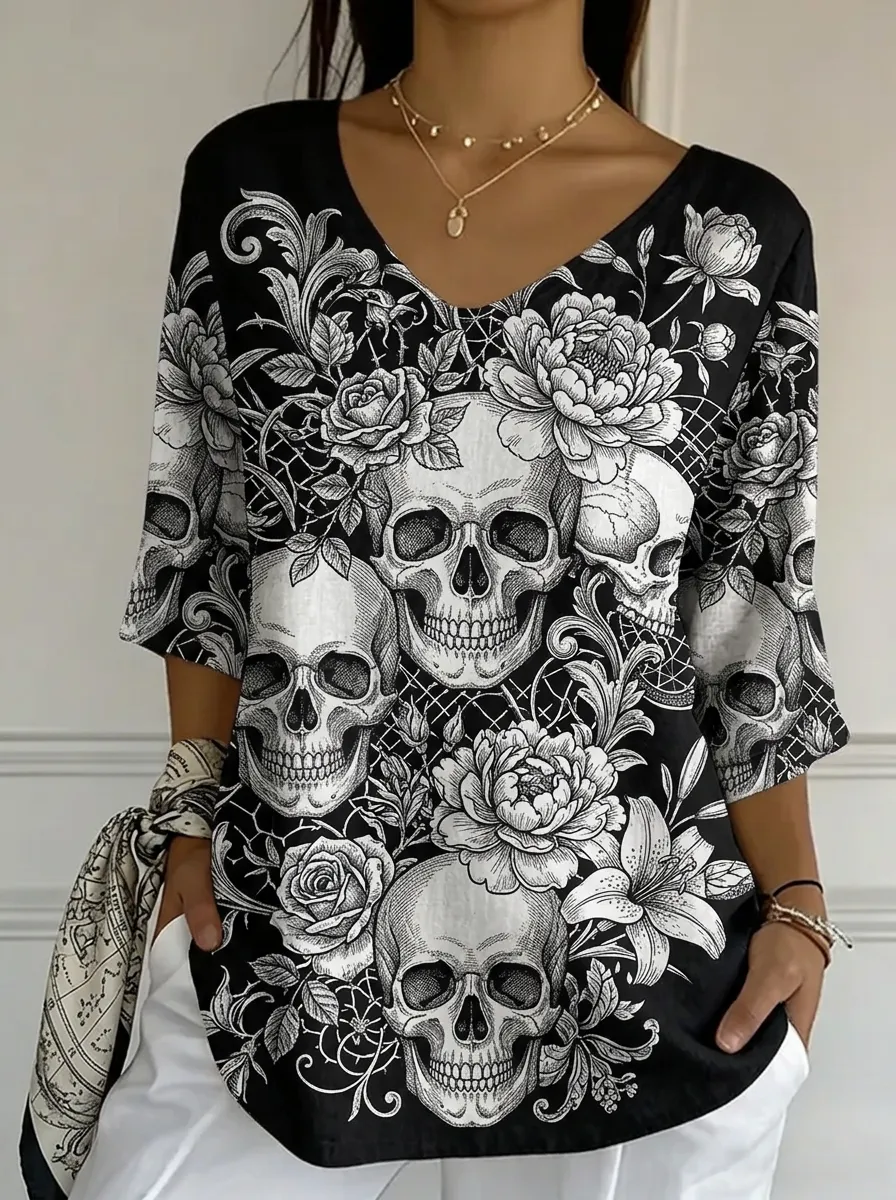 Women's Nashville Skull Floral Printed V-neck Top