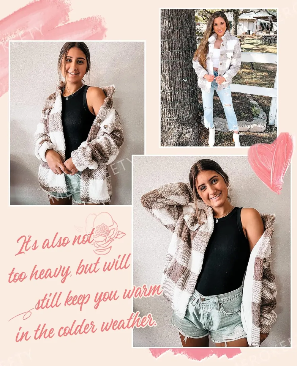 Women's Fleece Plaid Jacket Coats Button Down Lapel Sherpa Shacket Outwear with Pockets