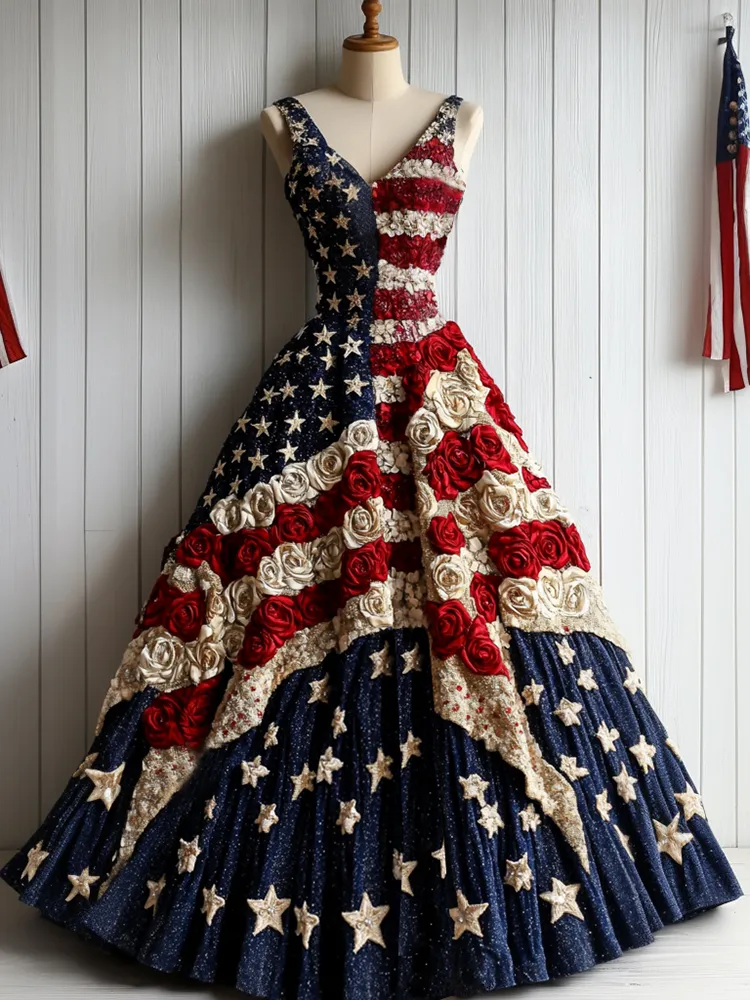 Vintage American Rose Sequined Sleeveless Dress