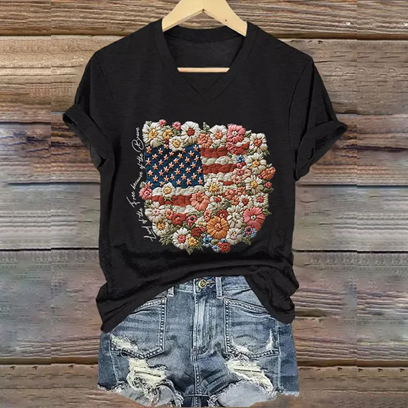 V-neck Retro Independence Day Flowers Because Of The Brave Print T-shirt