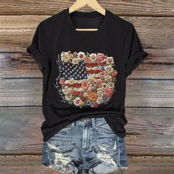 V-neck Retro Independence Day Flowers Because Of The Brave Print T-shirt