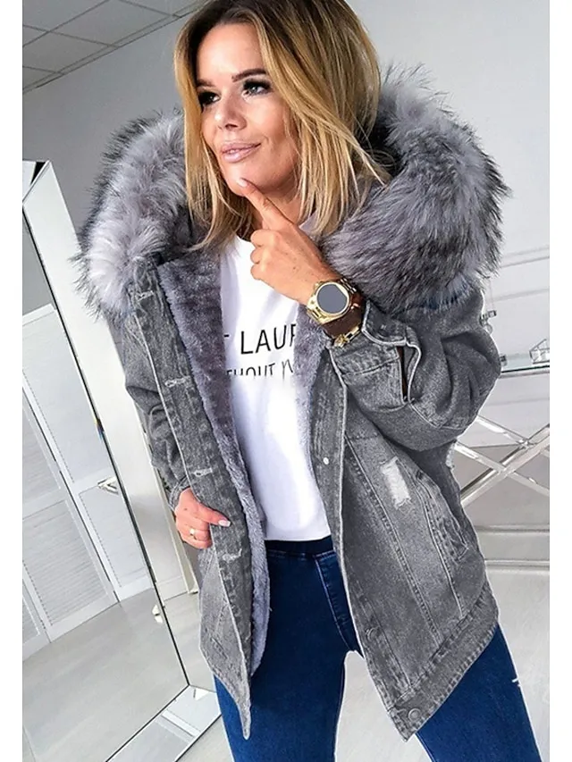 Women's Denim Jacket Hoodie Jacket Daily Fall Winter Regular Coat Loose Fit Streetwear Jacket Long Sleeve Pocket Black Blue Grey