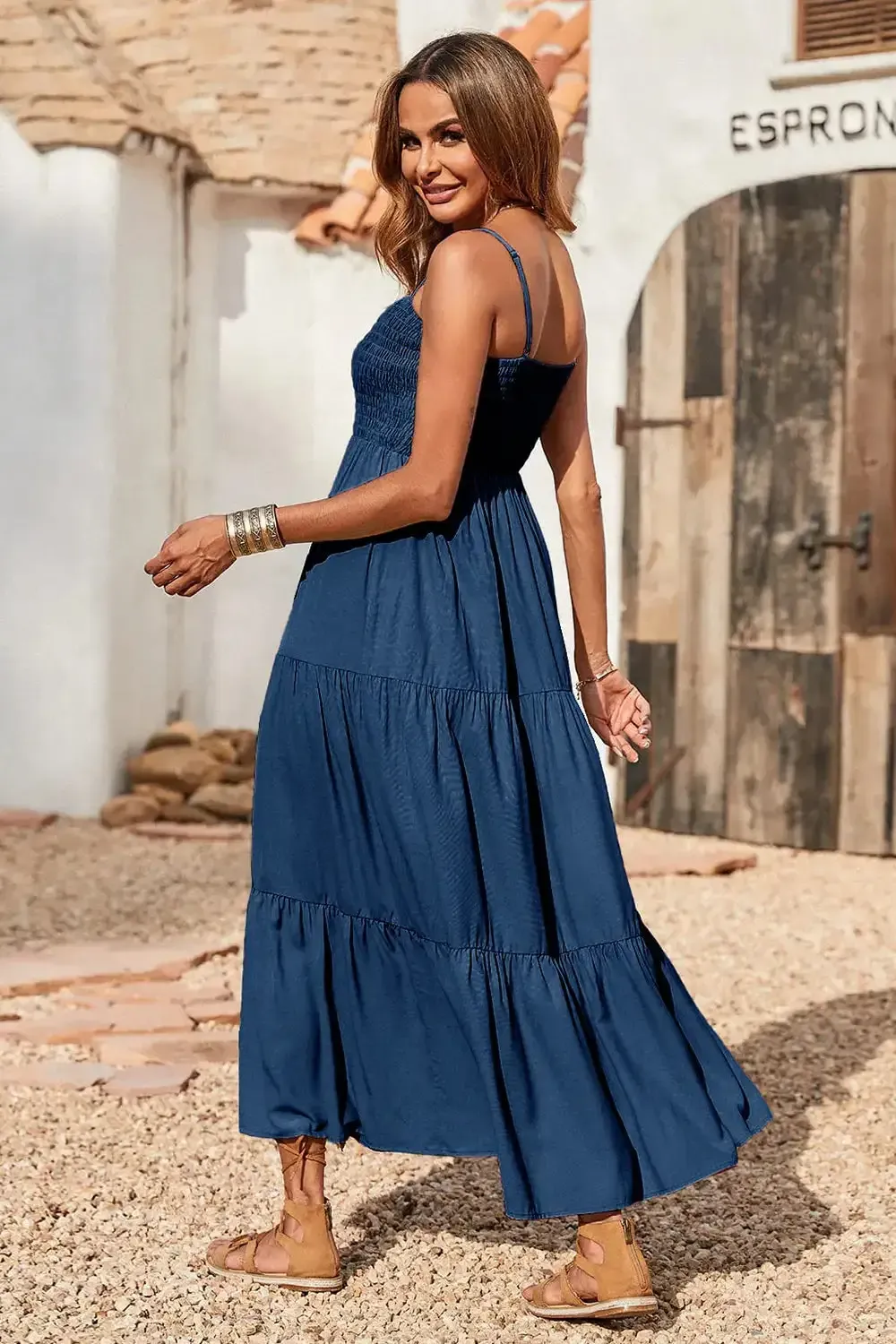 Sleeveless Spaghetti Strap Smocked Tiered Maxi Dress