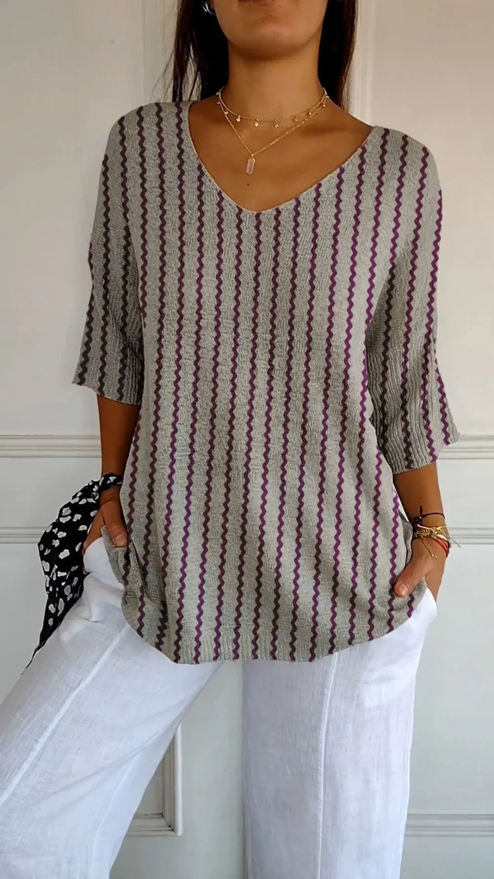 Women's Casual V-Neck Striped Sweater